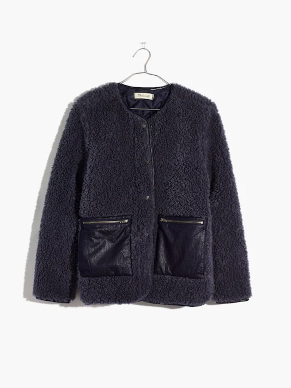 Madewell blue Sherpa snap shearling jacket with zip pockets